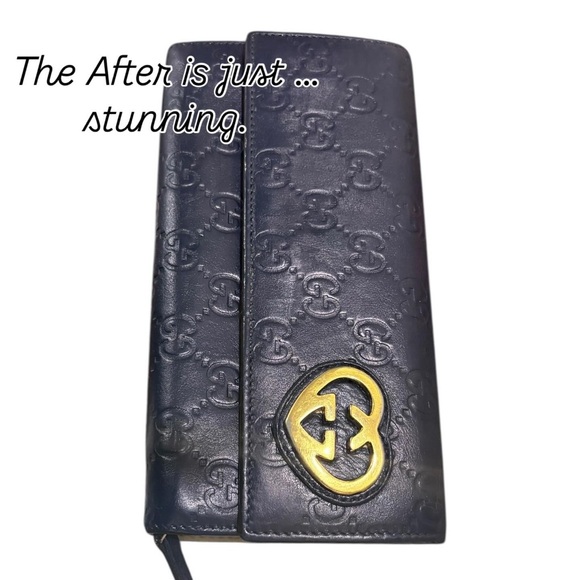 Gucci Navy Leather Wallet with Gold Logo - Picture 1 of 5